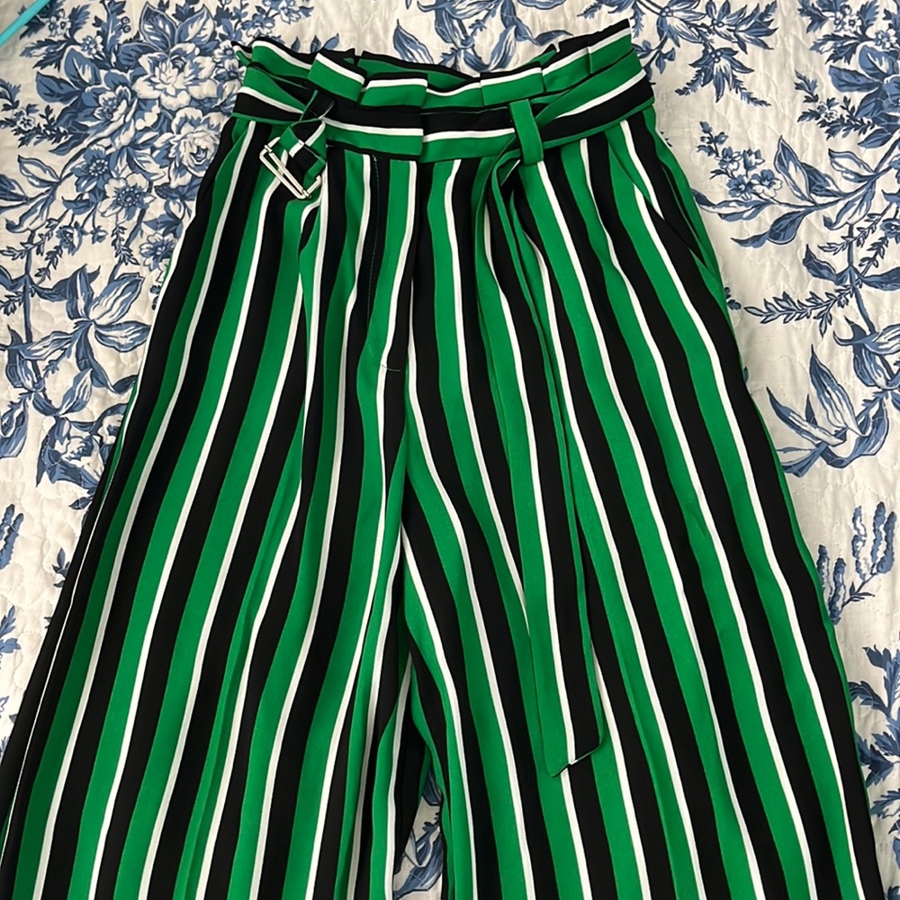 TopShop Wide Leg Green Striped Tailored Pants